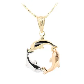 14K Tri-Color Gold Swimming Dolphins Pendant (Chain Sold Separately)