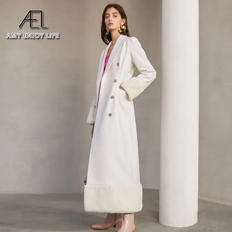 AEL Woolen Coat women Winter Lapel Collar Double-Breasted Warm Overcoat Snow White Slim Long Blazer