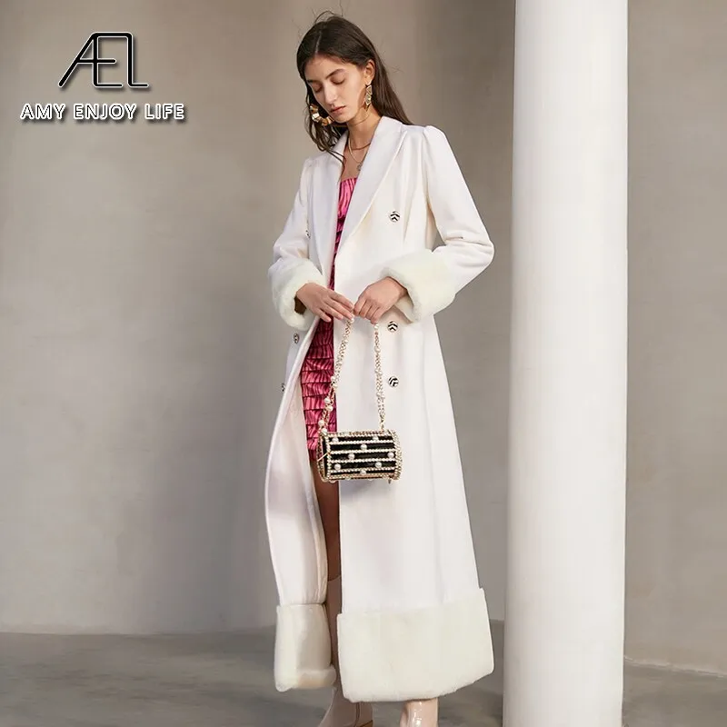 AEL Woolen Coat women Winter Lapel Collar Double-Breasted Warm Overcoat Snow White Slim Long Blazer