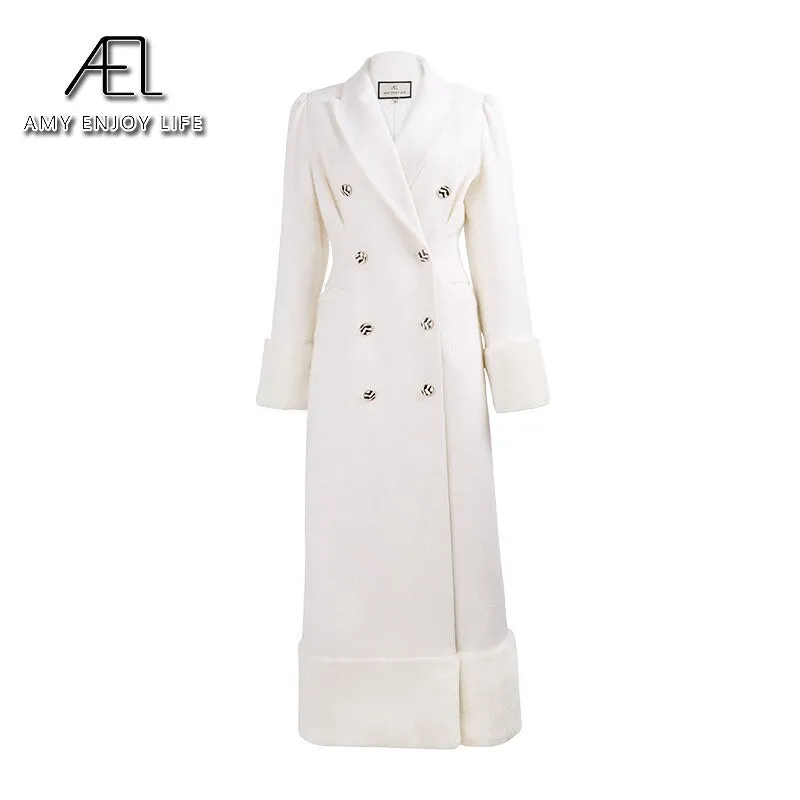 AEL Woolen Coat women Winter Lapel Collar Double-Breasted Warm Overcoat Snow White Slim Long Blazer