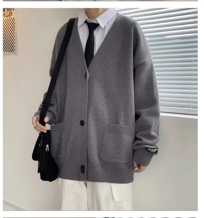 Aidase  Cardigan Men College Knitwear Basic Autumn Loose Trendy Handsome All-match Leisure Plus Size Pockets Simple Pure Color Harajuku