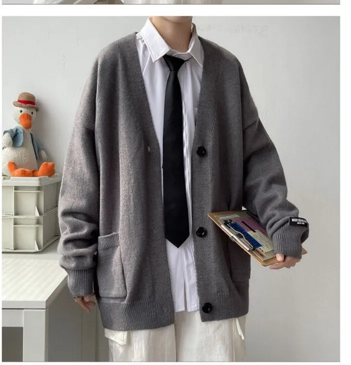 Aidase  Cardigan Men College Knitwear Basic Autumn Loose Trendy Handsome All-match Leisure Plus Size Pockets Simple Pure Color Harajuku