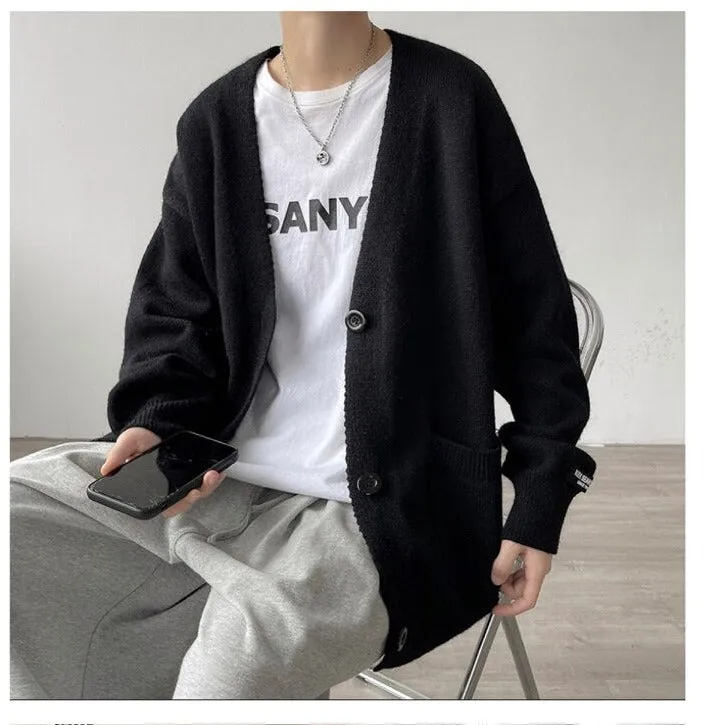 Aidase  Cardigan Men College Knitwear Basic Autumn Loose Trendy Handsome All-match Leisure Plus Size Pockets Simple Pure Color Harajuku