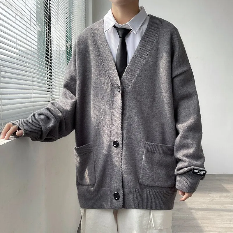 Aidase  Cardigan Men College Knitwear Basic Autumn Loose Trendy Handsome All-match Leisure Plus Size Pockets Simple Pure Color Harajuku