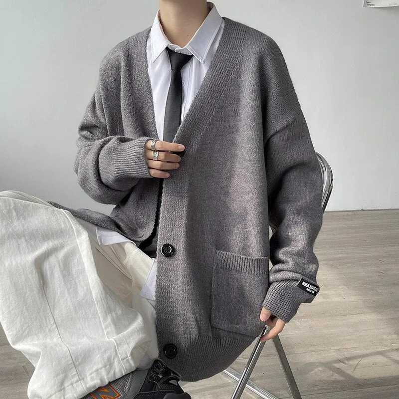 Aidase  Cardigan Men College Knitwear Basic Autumn Loose Trendy Handsome All-match Leisure Plus Size Pockets Simple Pure Color Harajuku