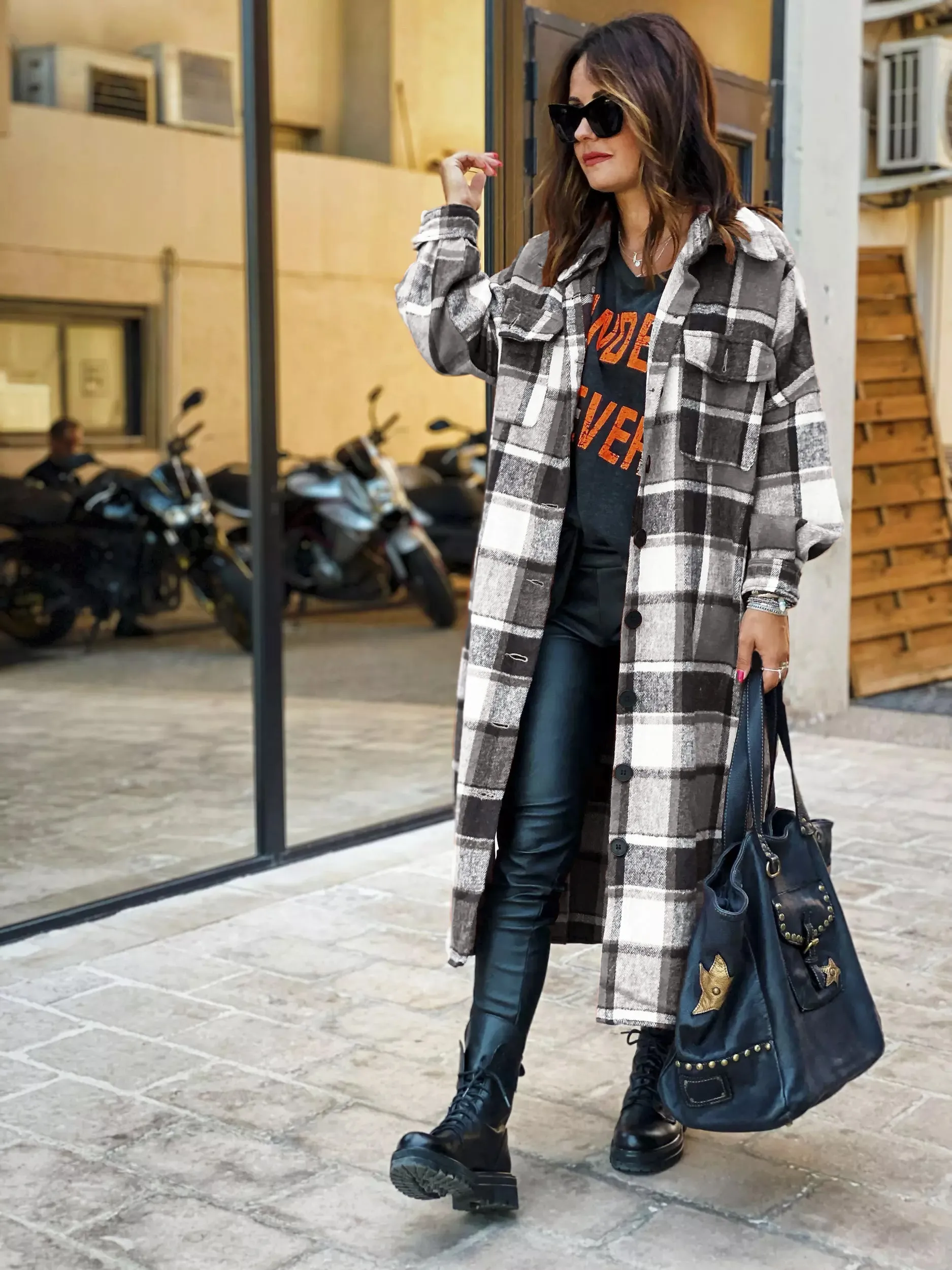 Autumn Winter Long Windbreaker Side Slit Collared Slim Fit Women Woolen Plaid Coat