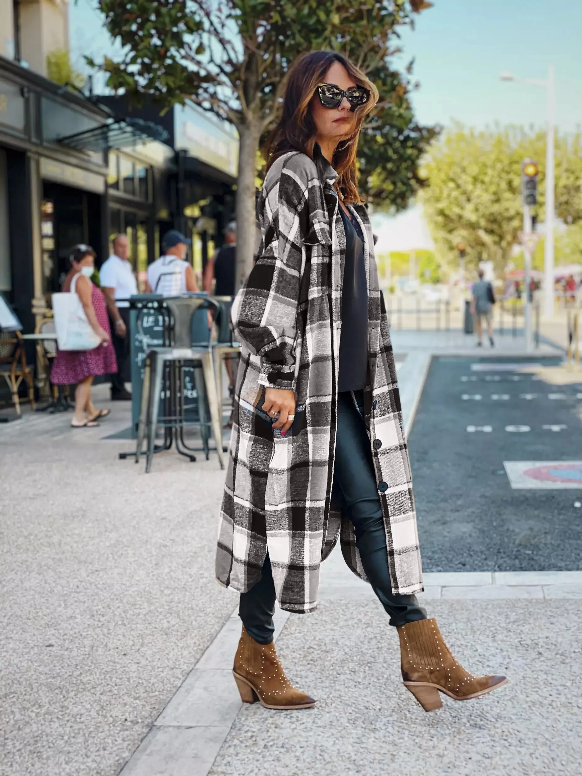 Autumn Winter Long Windbreaker Side Slit Collared Slim Fit Women Woolen Plaid Coat