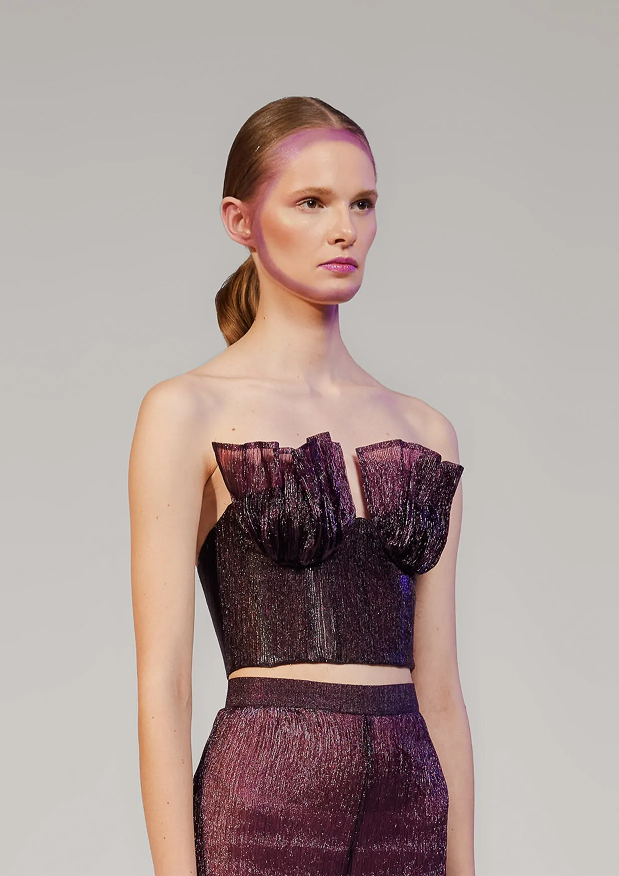 Ava Ruffled Velvet Organza Strapless Corset Top