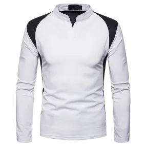 Black Patchwork Shoulder Stand Collar Long Sleeve Men T-Shirt