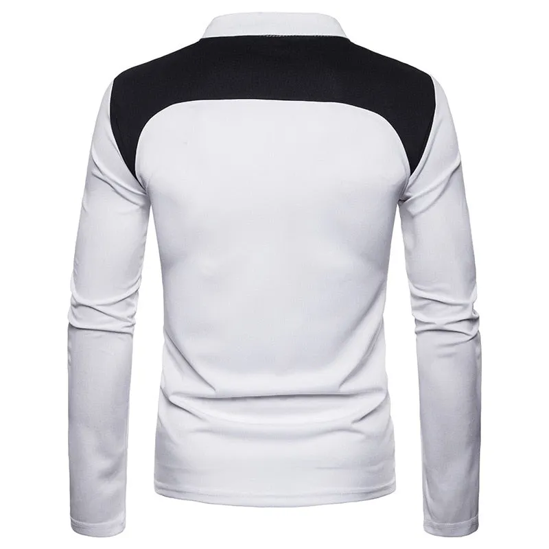 Black Patchwork Shoulder Stand Collar Long Sleeve Men T-Shirt