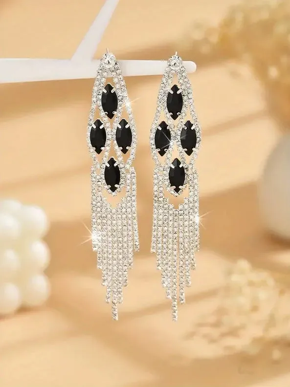 Black Rhinestone Dangle Evening Earrings