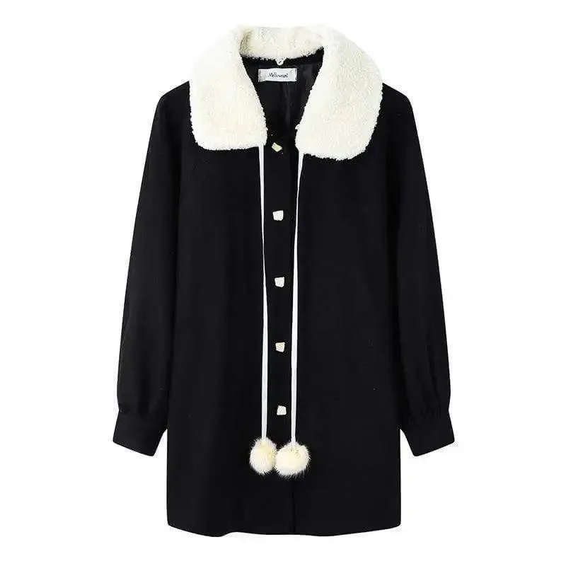 Blends Women Winter Coat Ladies Clothes Kawaii Plus Velvet