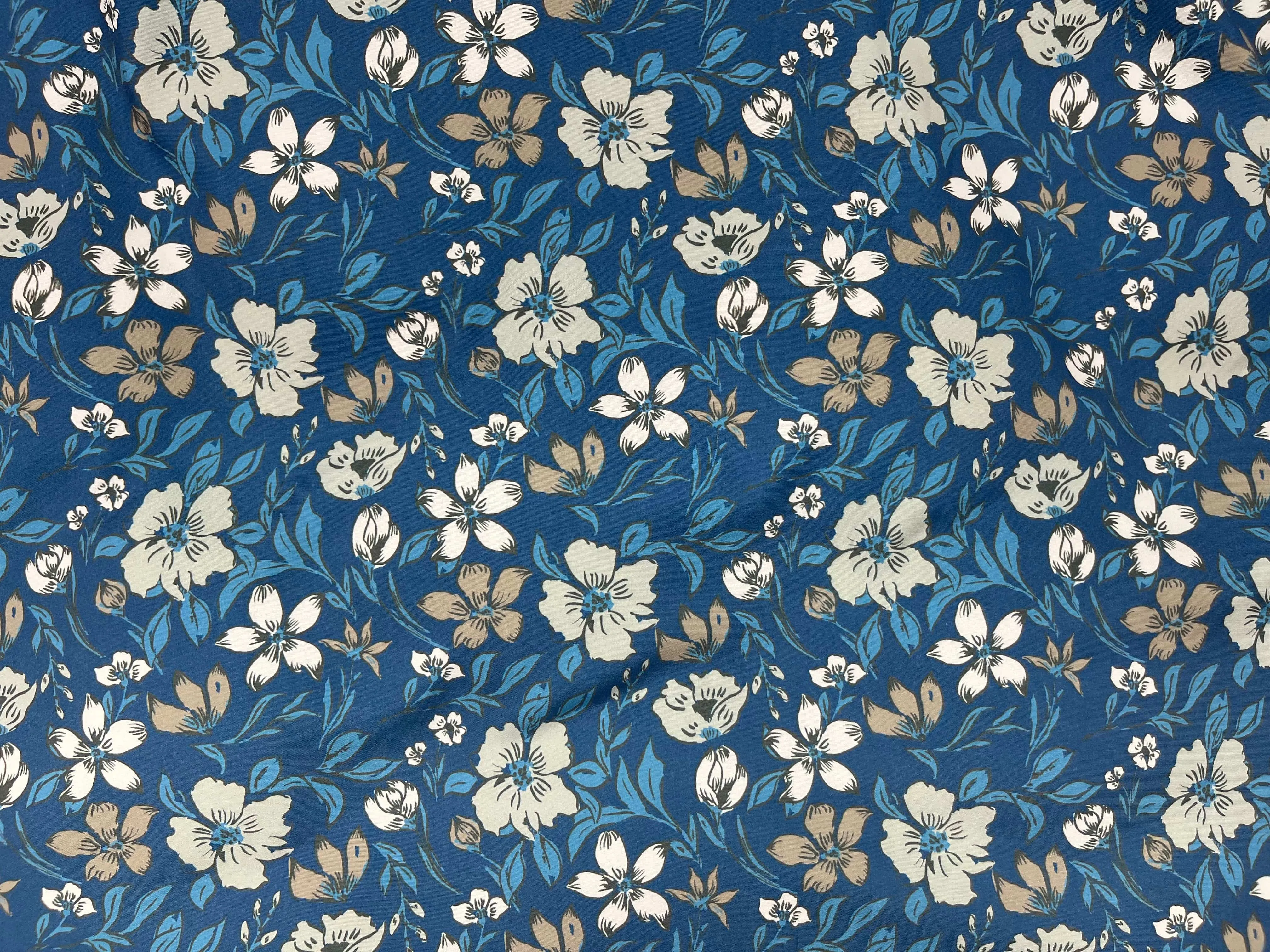 Blue Floral - Printed Peachskin Fabric