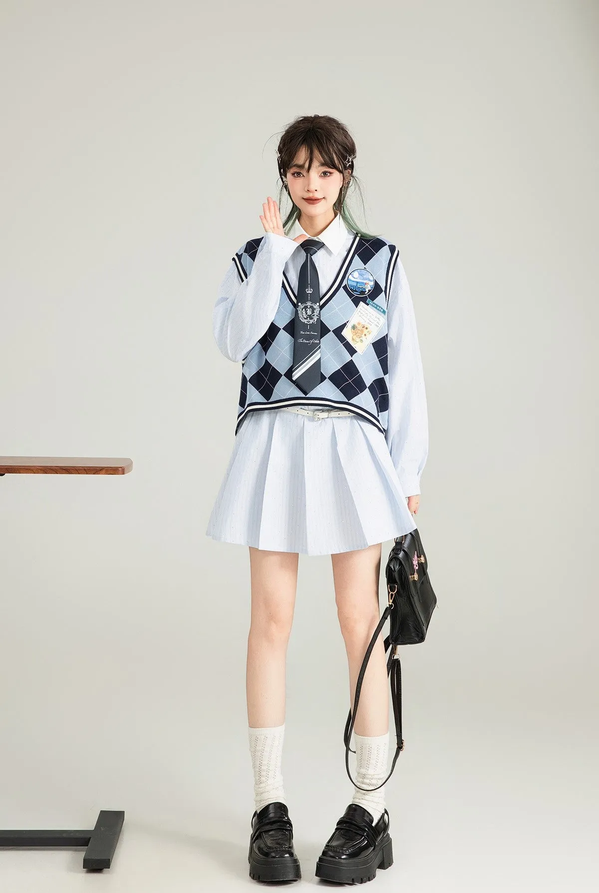 Blue Striped Polo Collar A-line Pleated Shirt Dress KEI0123