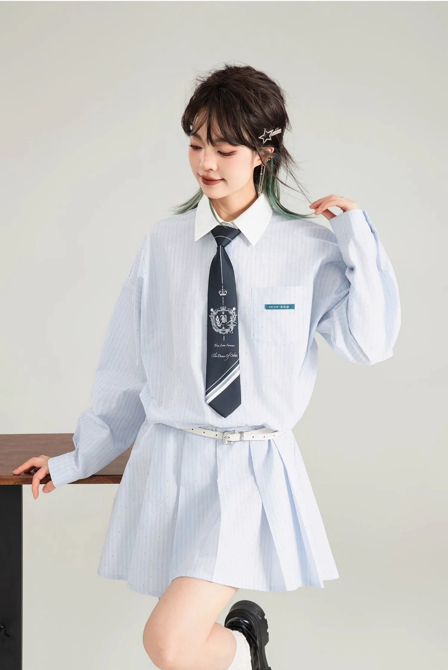 Blue Striped Polo Collar A-line Pleated Shirt Dress KEI0123