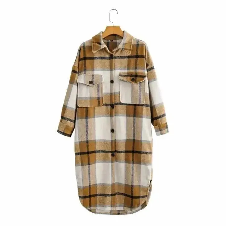 Contrasting Plaid Casual Fashion Simple Long Woolen Coat