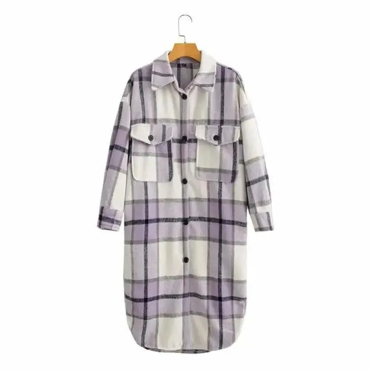 Contrasting Plaid Casual Fashion Simple Long Woolen Coat