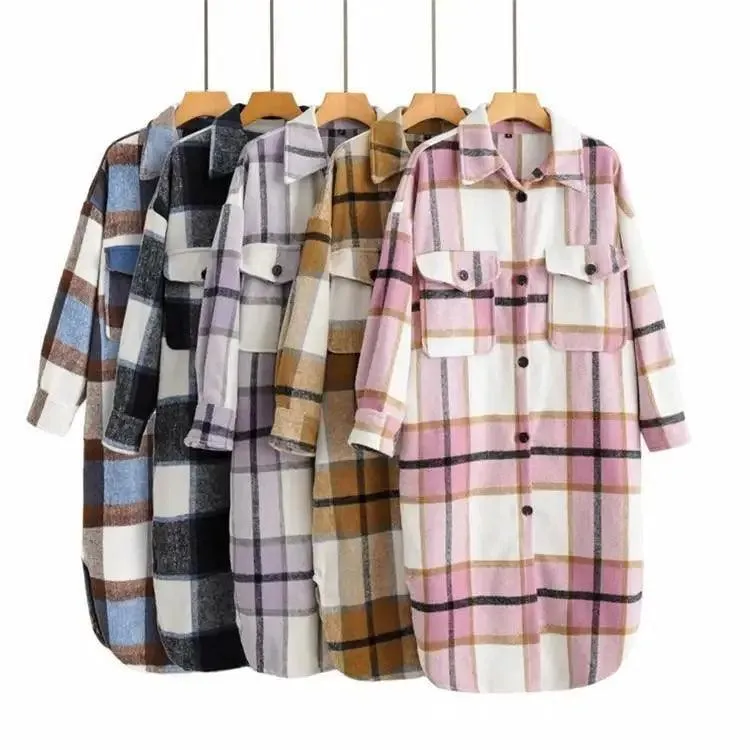 Contrasting Plaid Casual Fashion Simple Long Woolen Coat