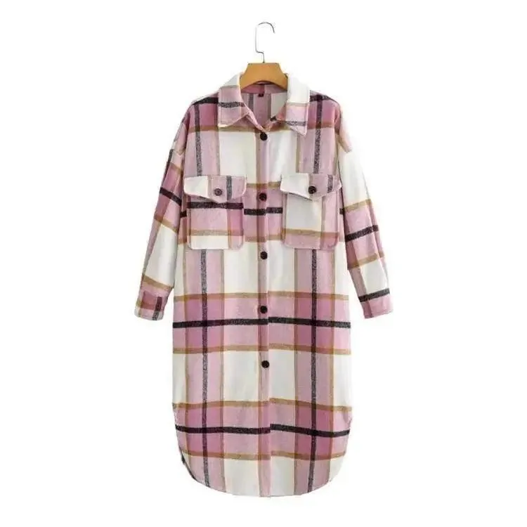 Contrasting Plaid Casual Fashion Simple Long Woolen Coat