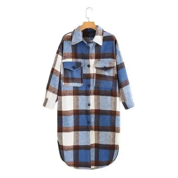 Contrasting Plaid Casual Fashion Simple Long Woolen Coat