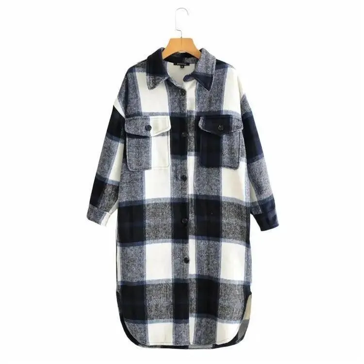 Contrasting Plaid Casual Fashion Simple Long Woolen Coat