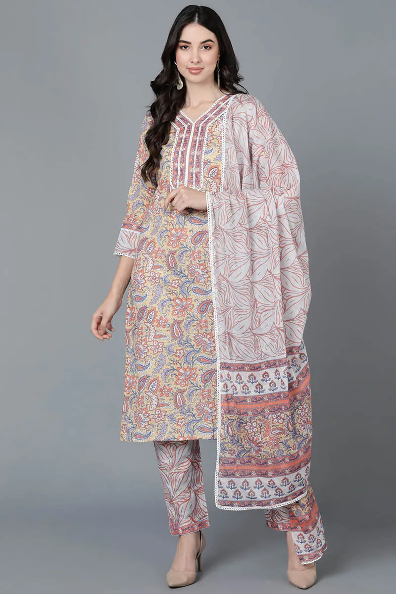 Cream Pure Cotton straight Kurta Pant With Dupatta Set