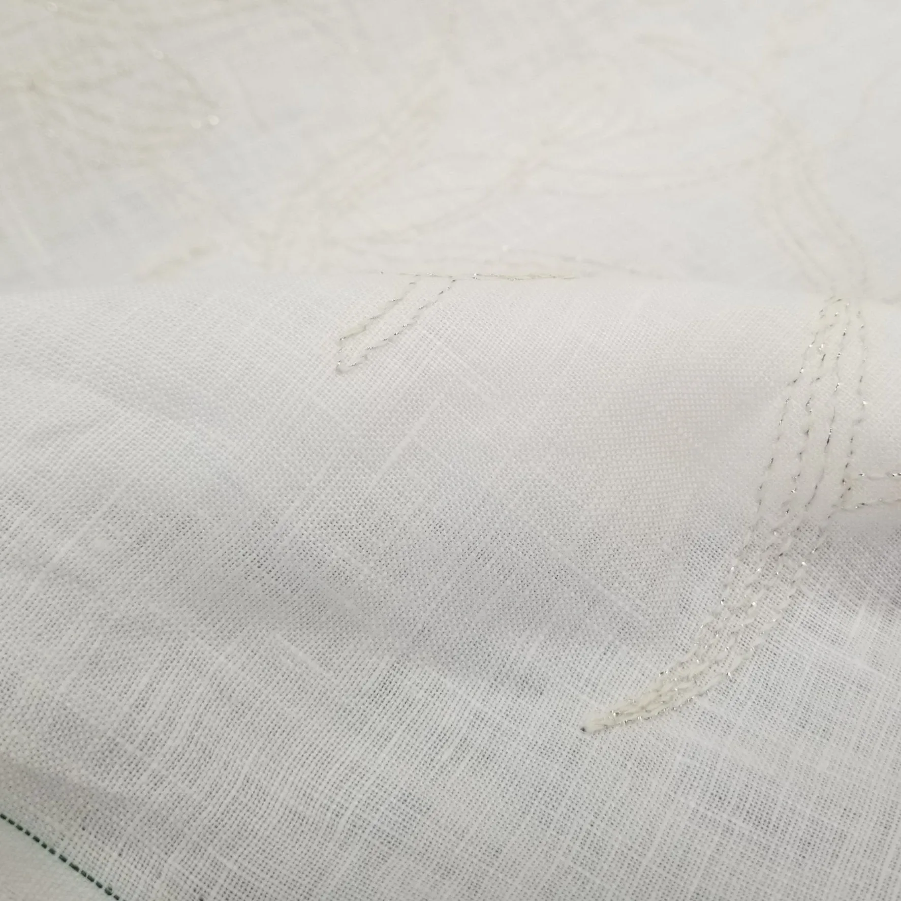 Designer European Deadstock 100% Ivory Linen with Embroidered Silver Lurex Stitching Leaves-by the yard