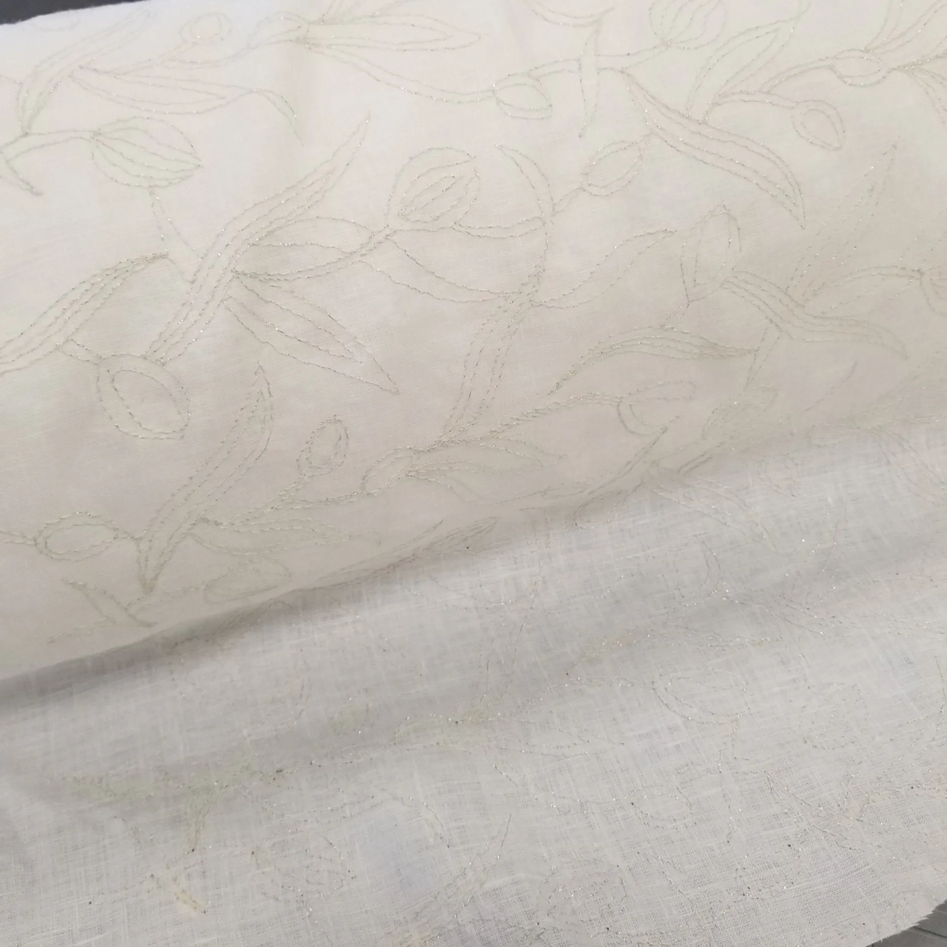 Designer European Deadstock 100% Ivory Linen with Embroidered Silver Lurex Stitching Leaves-by the yard