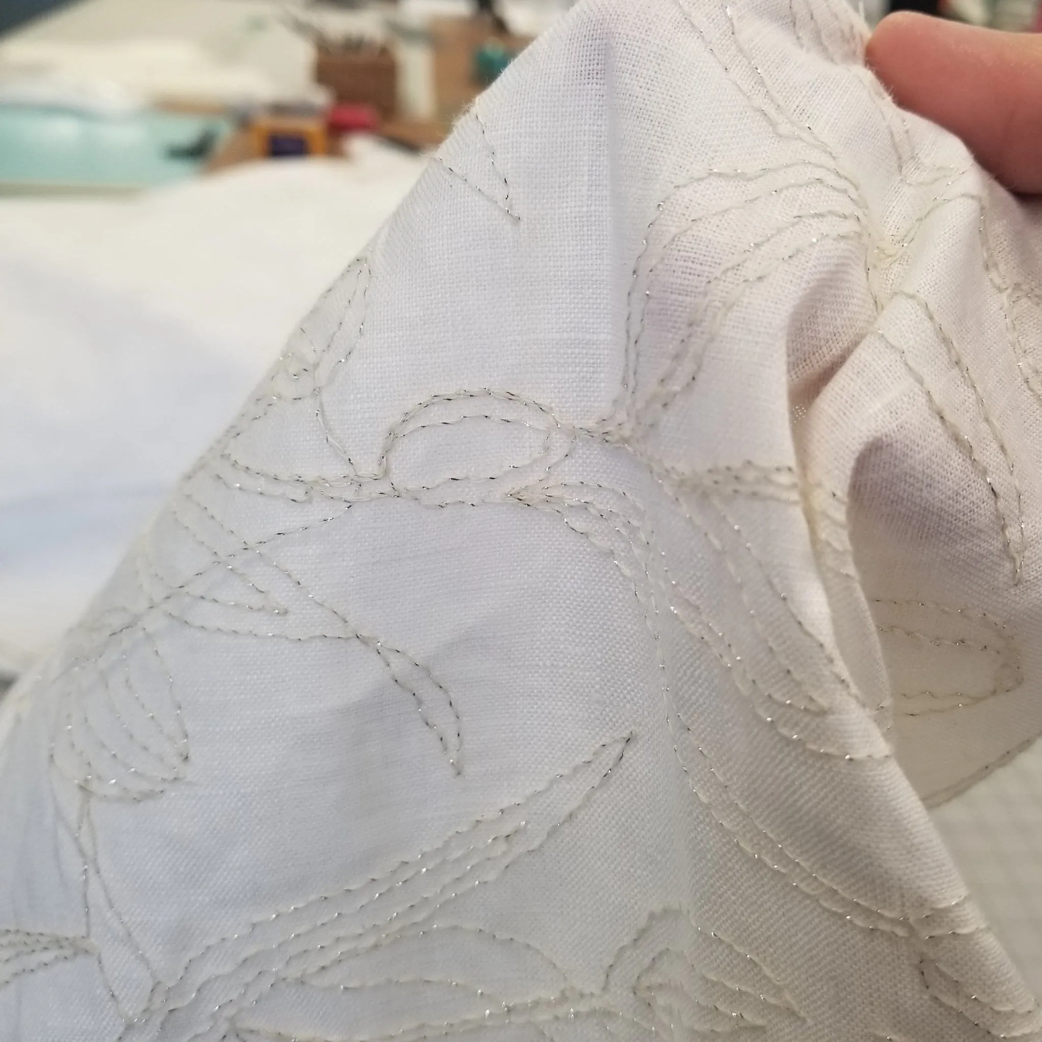 Designer European Deadstock 100% Ivory Linen with Embroidered Silver Lurex Stitching Leaves-by the yard