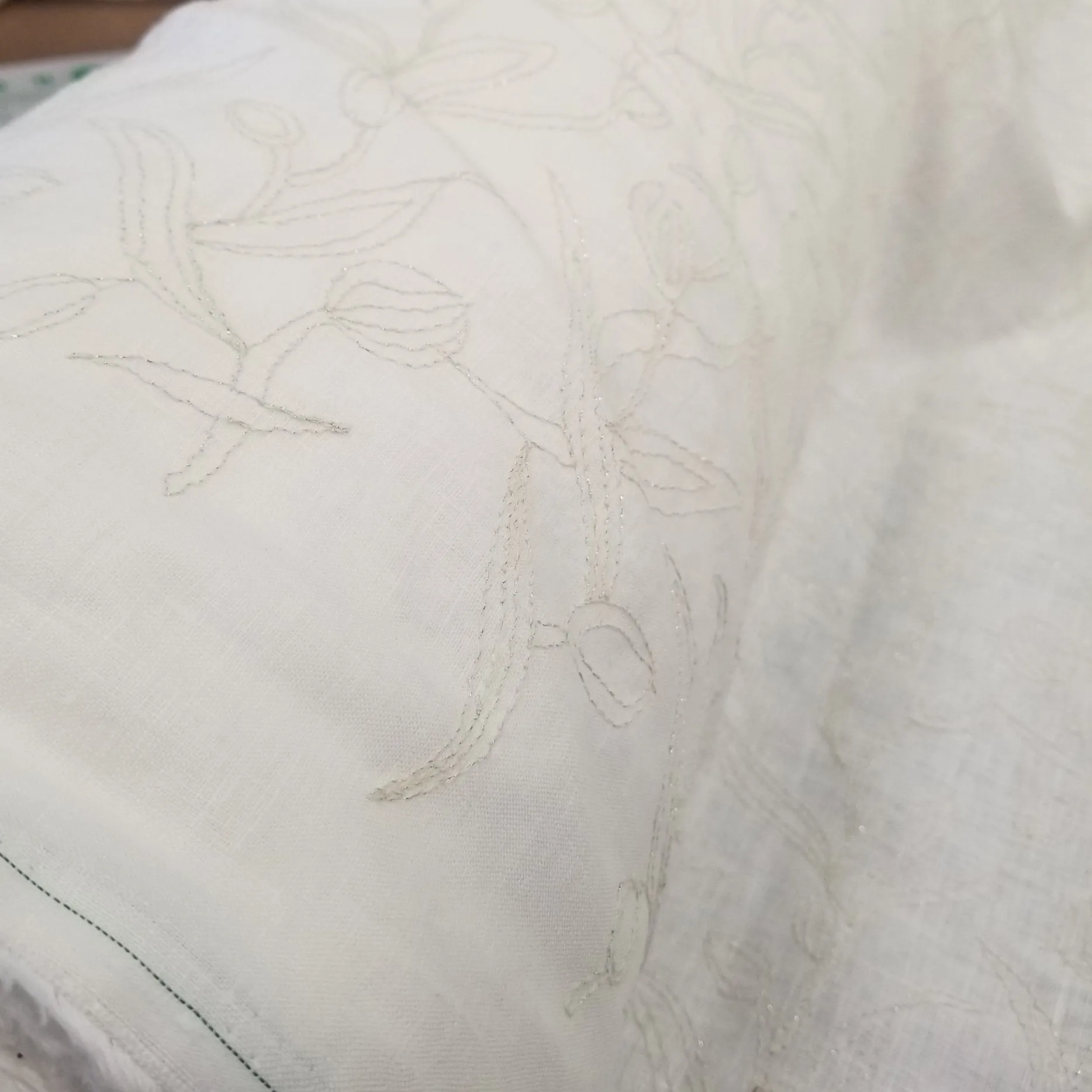 Designer European Deadstock 100% Ivory Linen with Embroidered Silver Lurex Stitching Leaves-by the yard