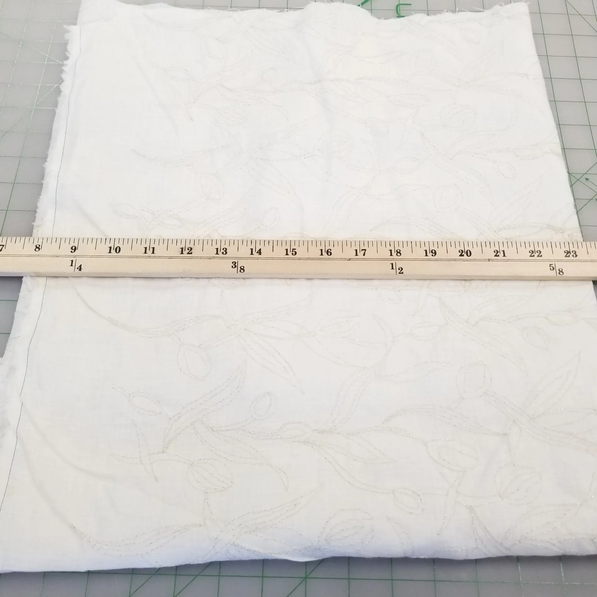 Designer European Deadstock 100% Ivory Linen with Embroidered Silver Lurex Stitching Leaves-by the yard