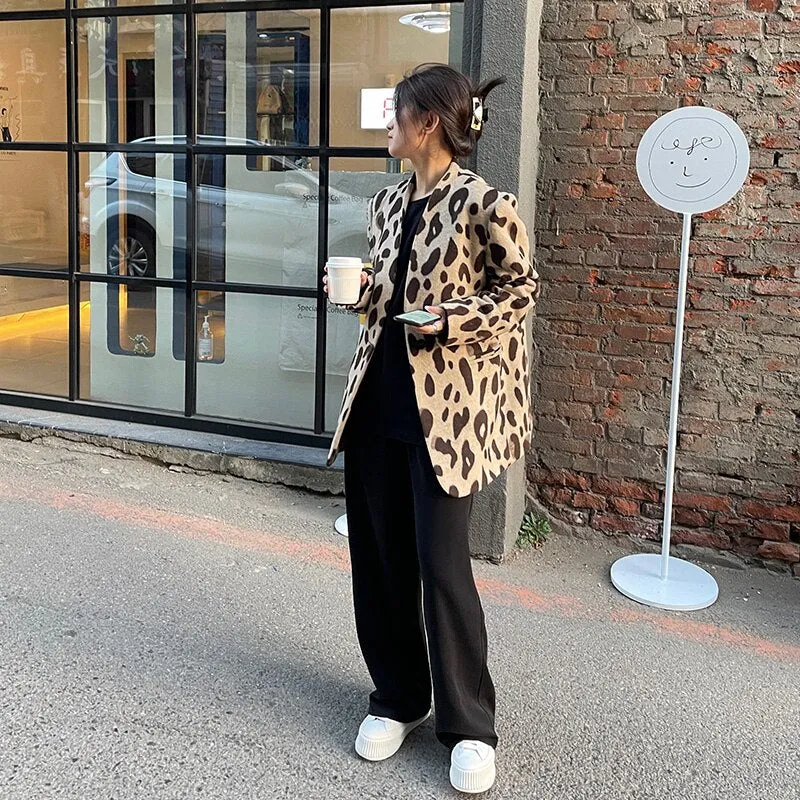 Elegant Ladies Thicken Warm Blazer Woolen Coat Vintage Long Sleeve Pockets Leopard Print Female Suit Outerwear Overcoat