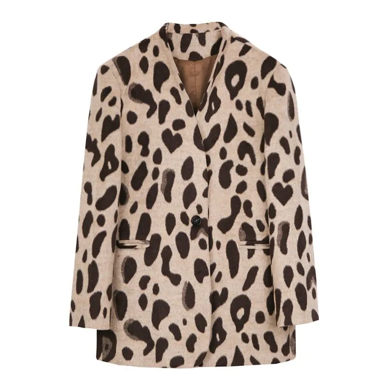 Elegant Ladies Thicken Warm Blazer Woolen Coat Vintage Long Sleeve Pockets Leopard Print Female Suit Outerwear Overcoat