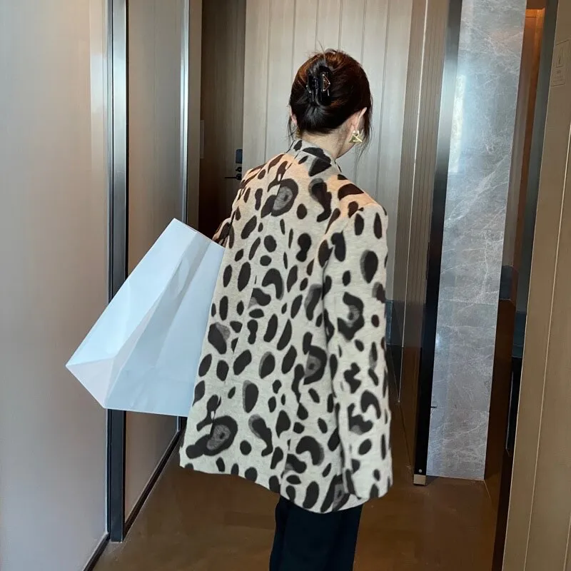 Elegant Ladies Thicken Warm Blazer Woolen Coat Vintage Long Sleeve Pockets Leopard Print Female Suit Outerwear Overcoat