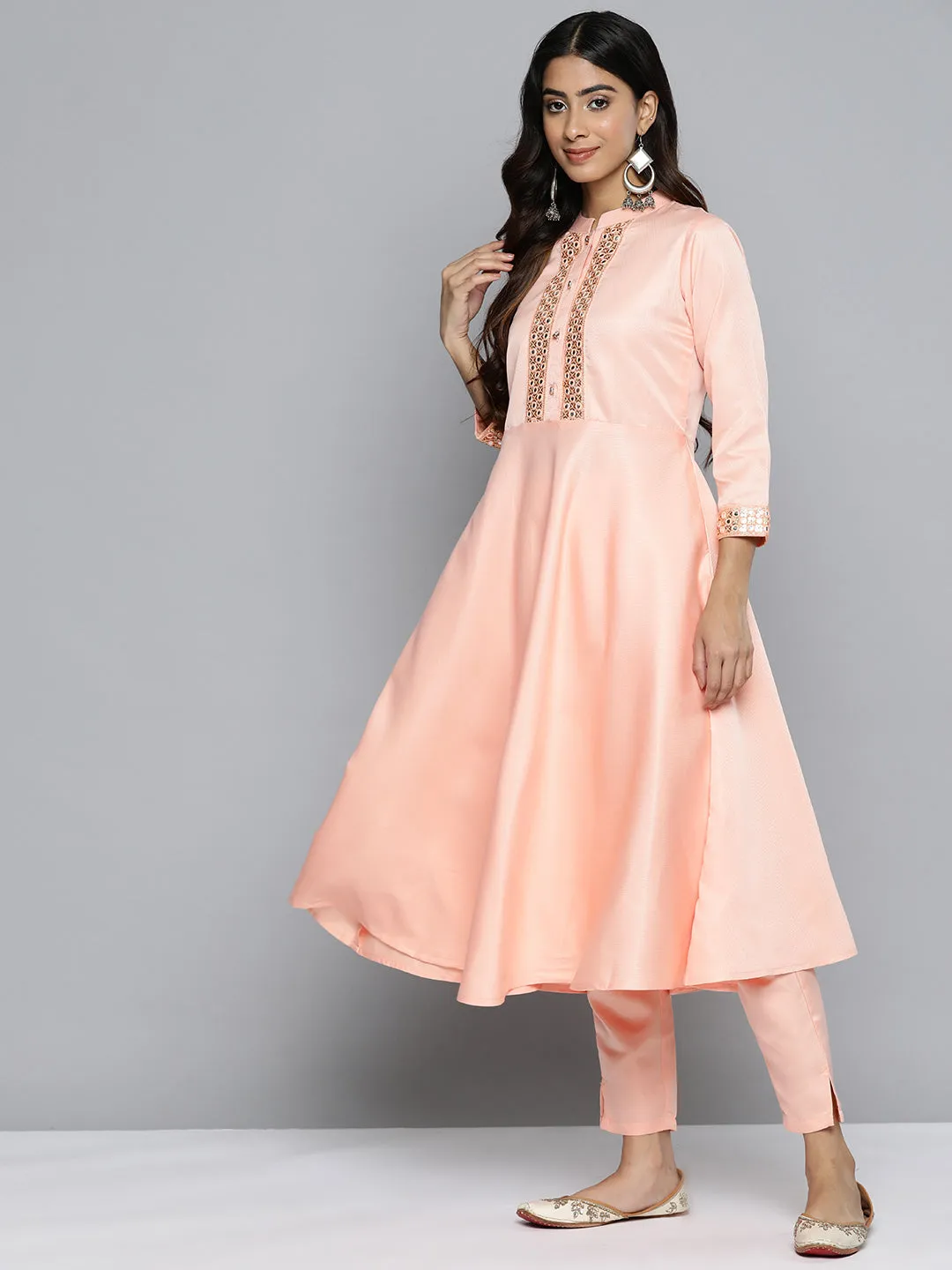 Embroidered Mirror Work Kurta With Trousers & Dupatta