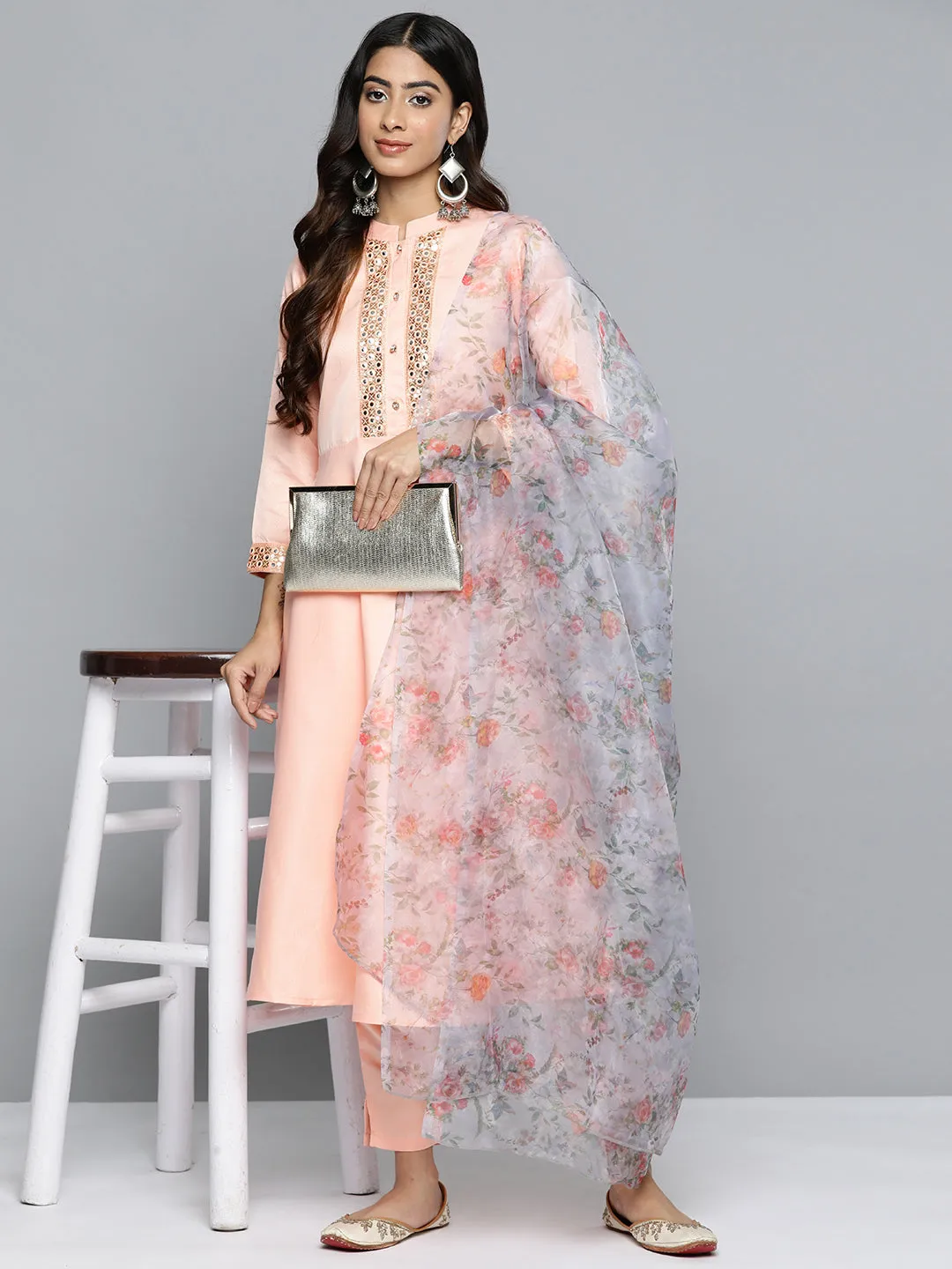 Embroidered Mirror Work Kurta With Trousers & Dupatta