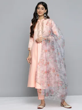 Embroidered Mirror Work Kurta With Trousers & Dupatta