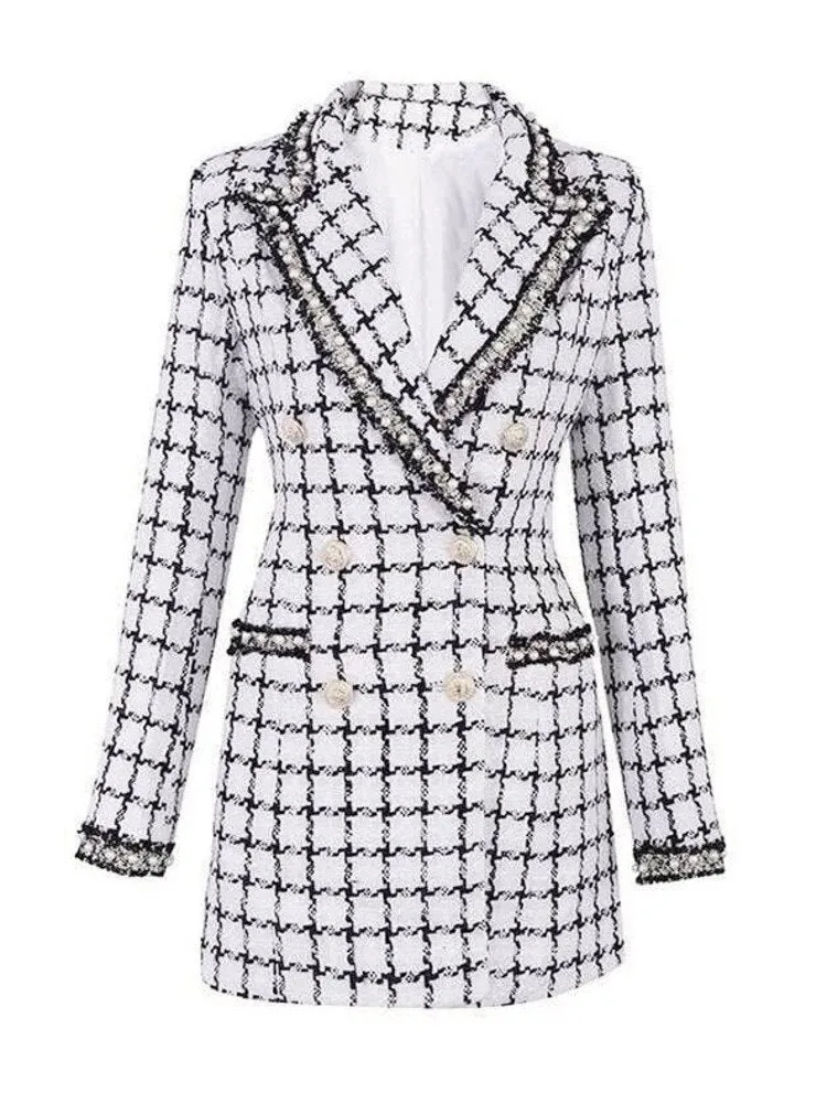 Fashion Women's Woolen Coat New Black And White Check Bead Slim Button Contrasting Colors Coat