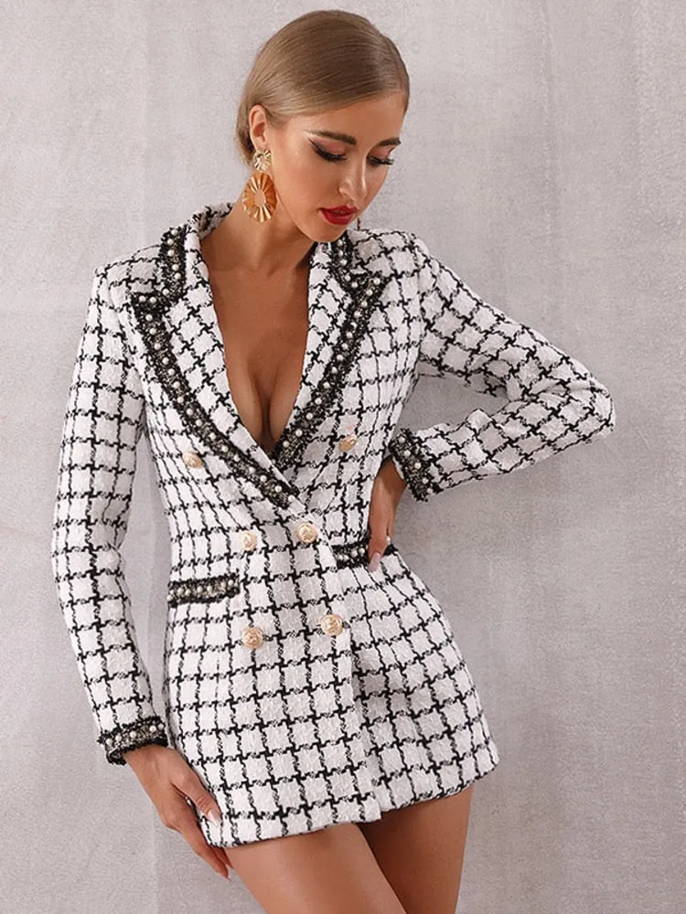 Fashion Women's Woolen Coat New Black And White Check Bead Slim Button Contrasting Colors Coat