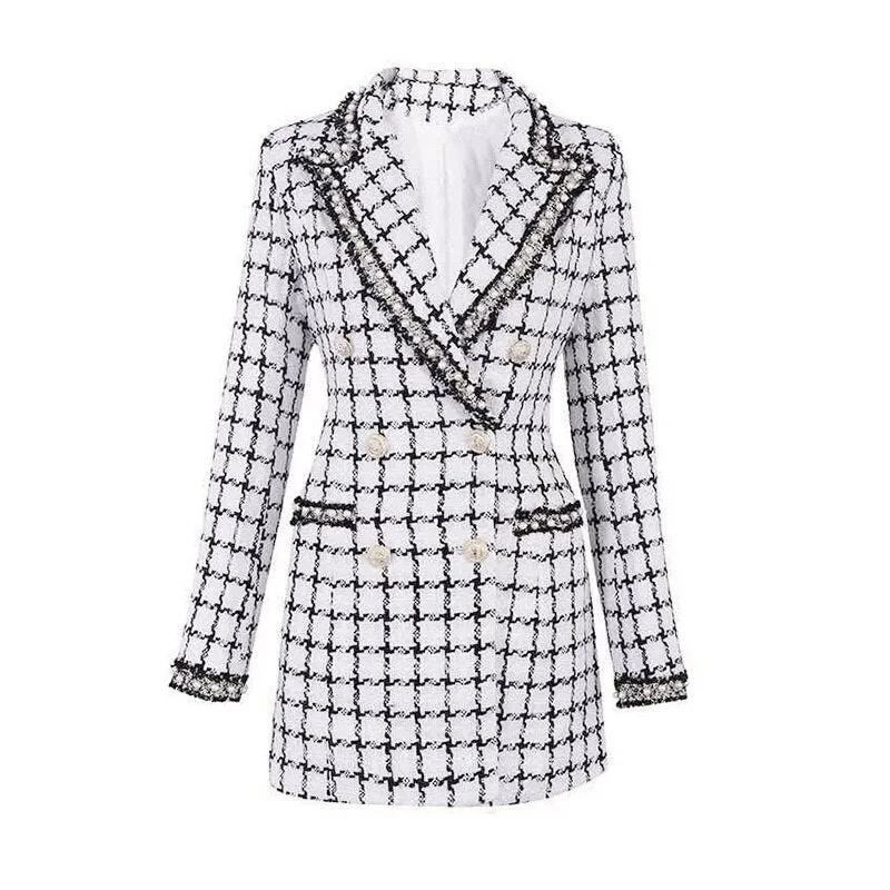 Fashion Women's Woolen Coat New Black And White Check Bead Slim Button Contrasting Colors Coat