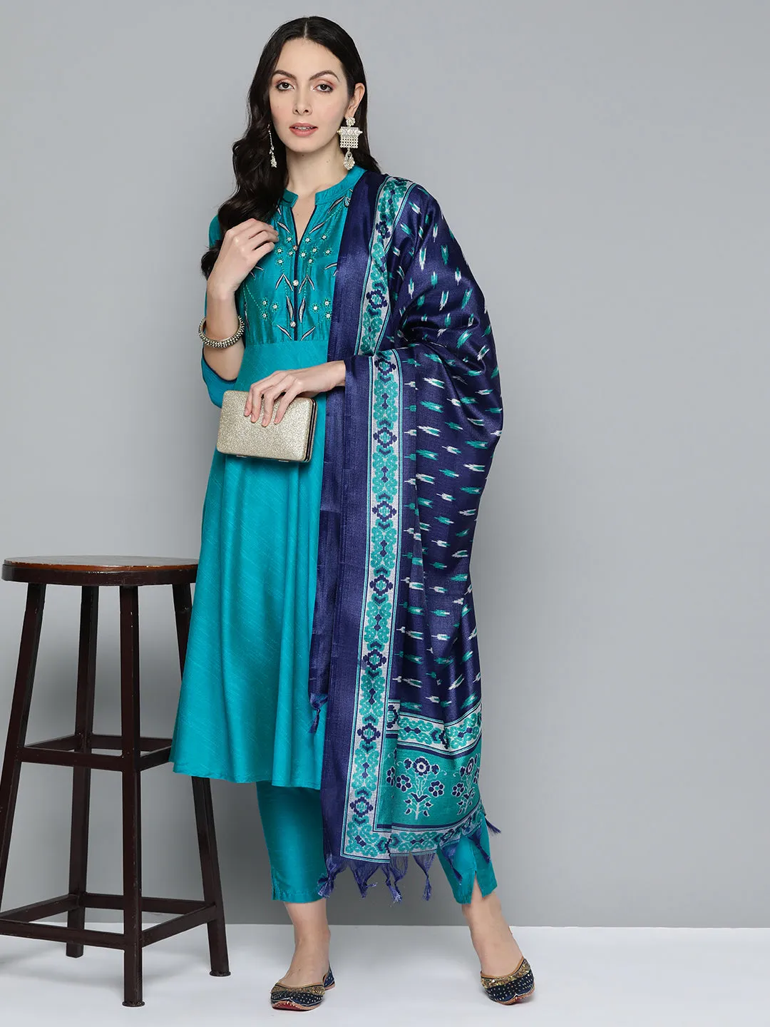 Floral Embroidered Kurta With Trousers & With Dupatta