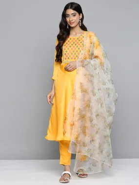 Floral Embroidered Mirror Work Silk Georgette Kurta With Trousers & Dupatta