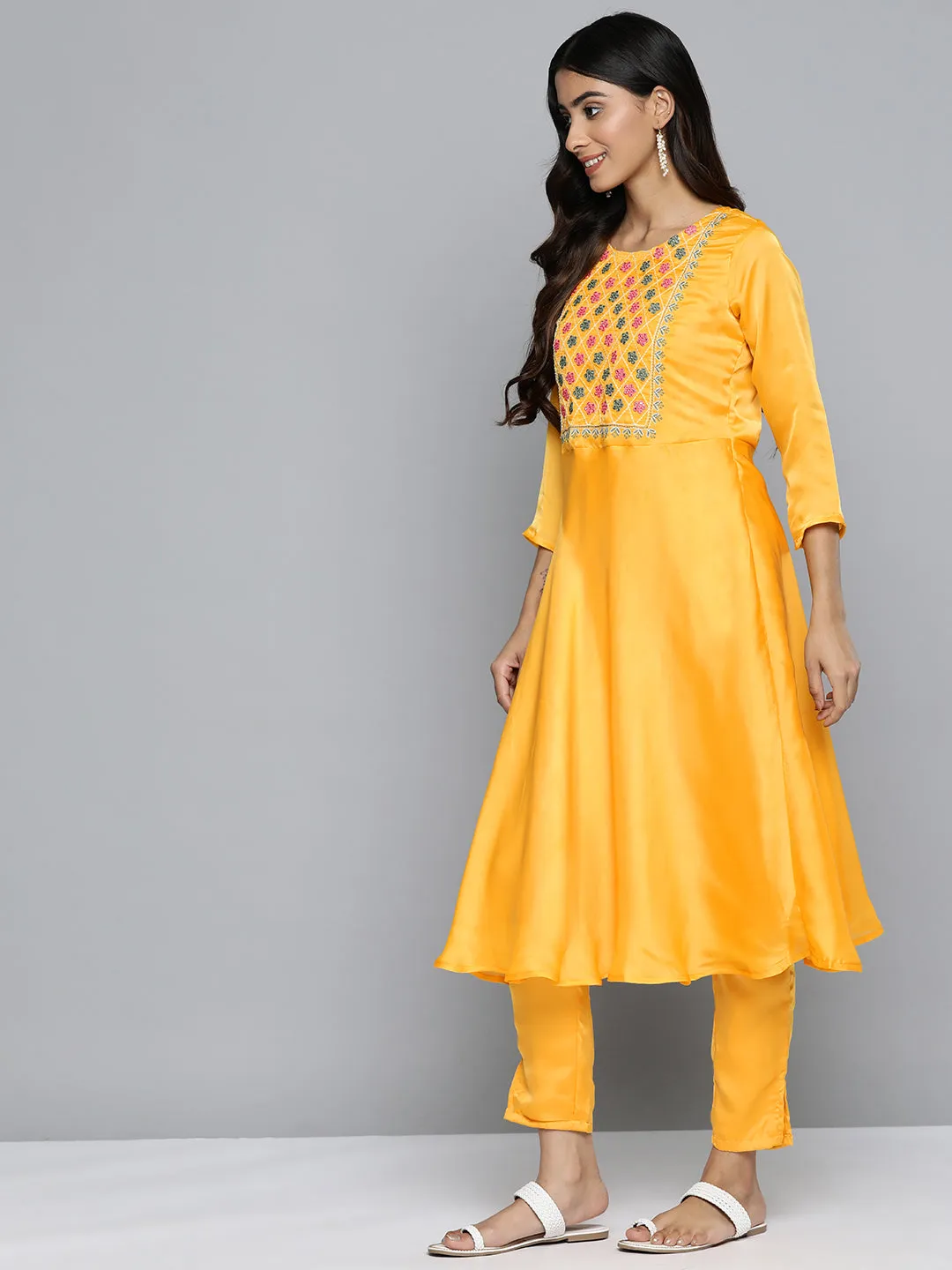 Floral Embroidered Mirror Work Silk Georgette Kurta With Trousers & Dupatta