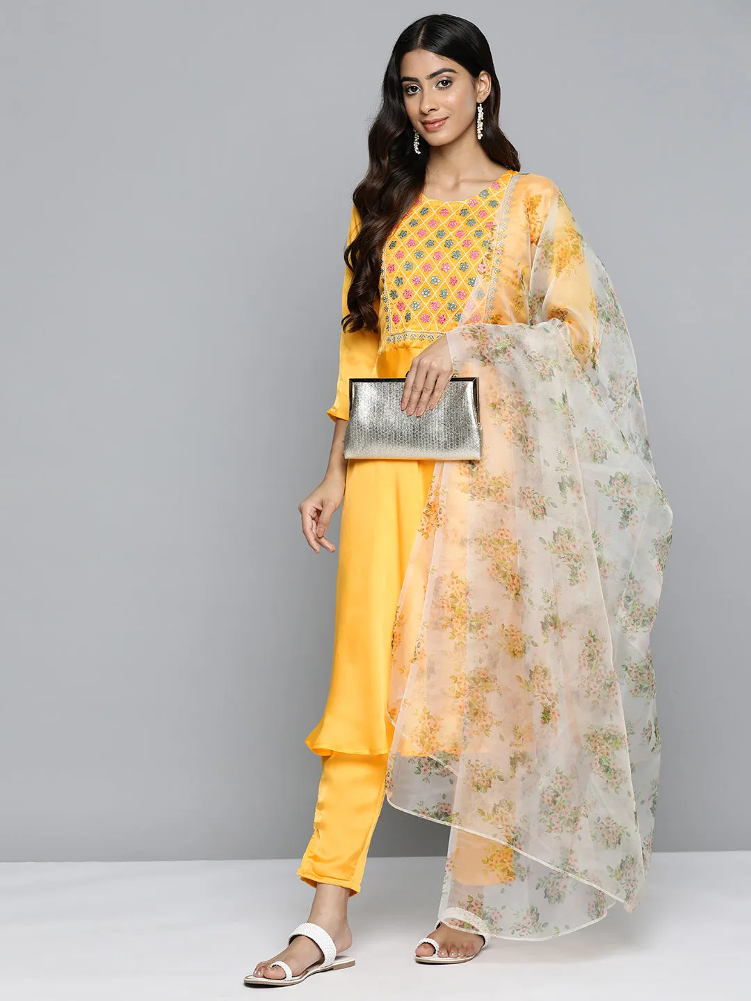 Floral Embroidered Mirror Work Silk Georgette Kurta With Trousers & Dupatta