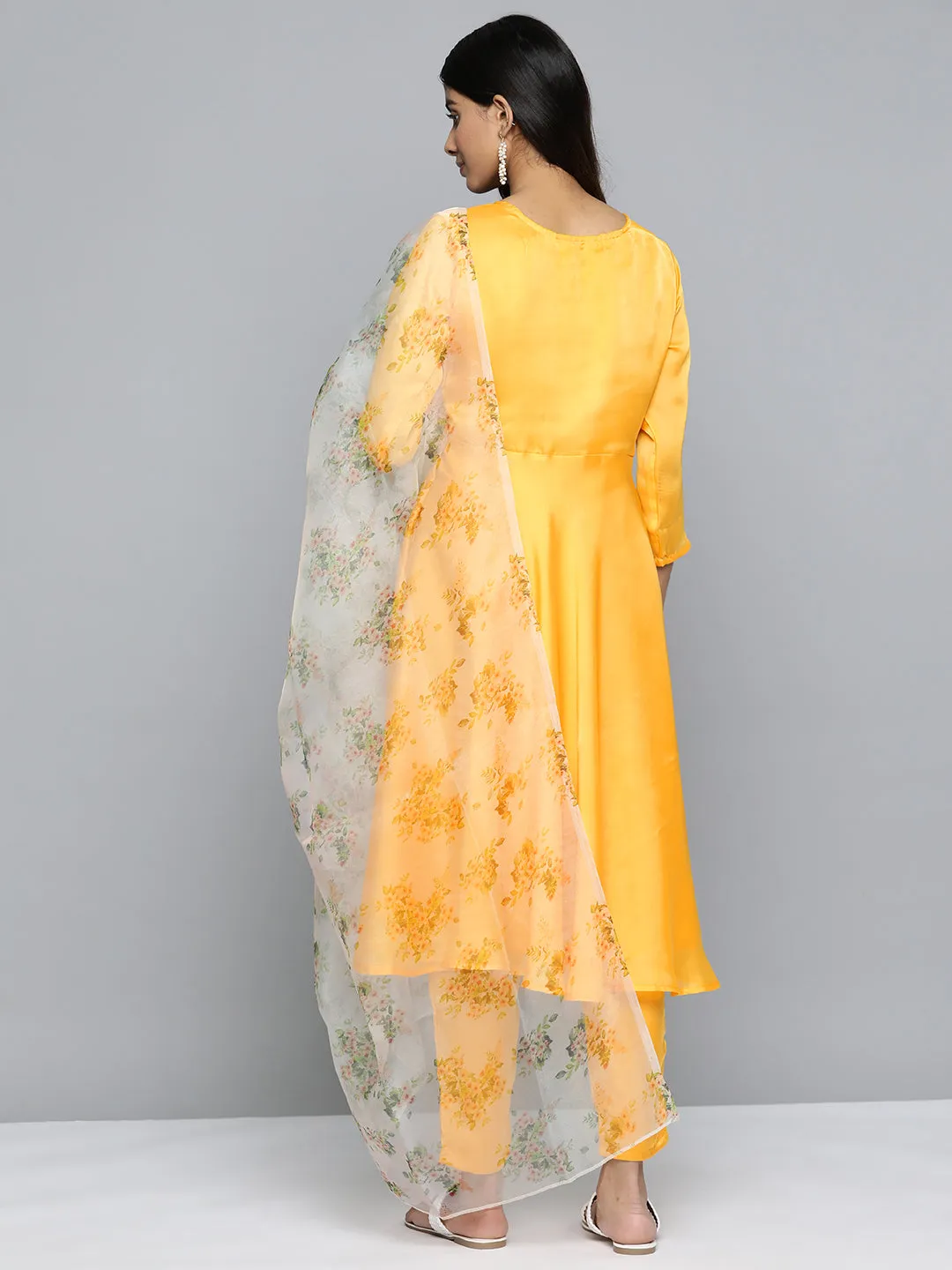 Floral Embroidered Mirror Work Silk Georgette Kurta With Trousers & Dupatta