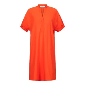 Gathered Short Sleeve Cotton Dress - Orange