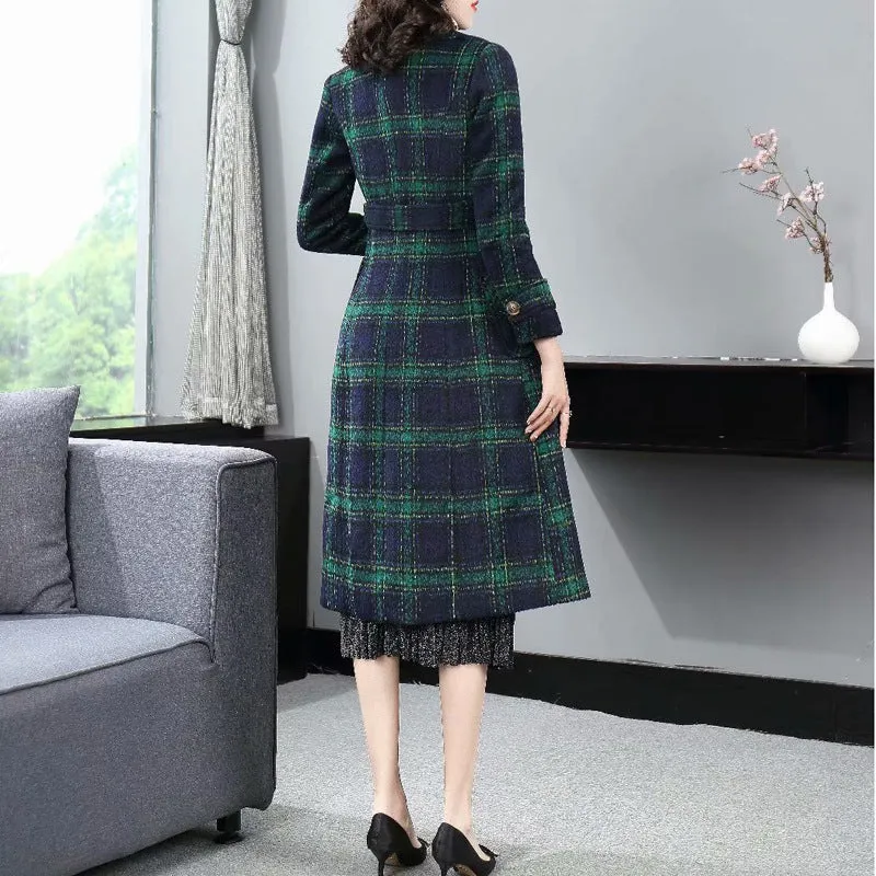 Green Retro Plaid Print Waist Coat Woolen Coat New Mid-Length Autumn And Winter Women's Clothing