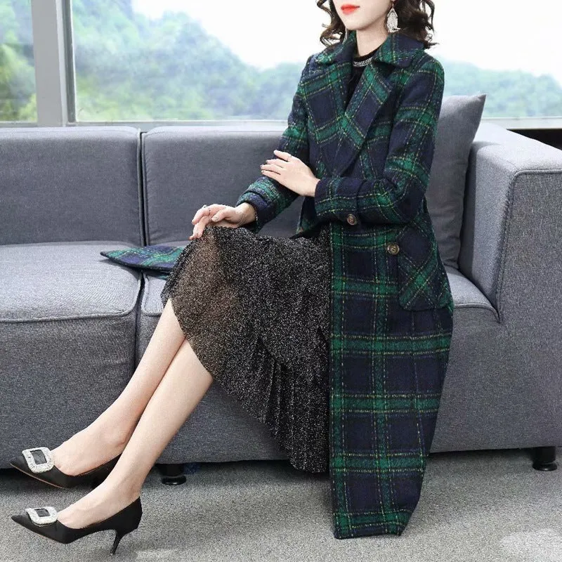 Green Retro Plaid Print Waist Coat Woolen Coat New Mid-Length Autumn And Winter Women's Clothing