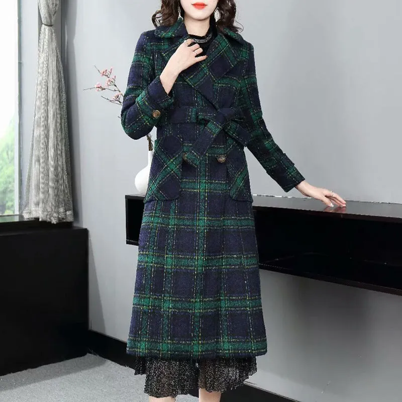 Green Retro Plaid Print Waist Coat Woolen Coat New Mid-Length Autumn And Winter Women's Clothing