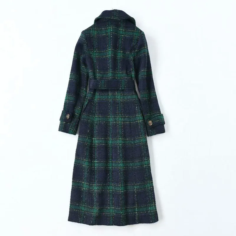 Green Retro Plaid Print Waist Coat Woolen Coat New Mid-Length Autumn And Winter Women's Clothing